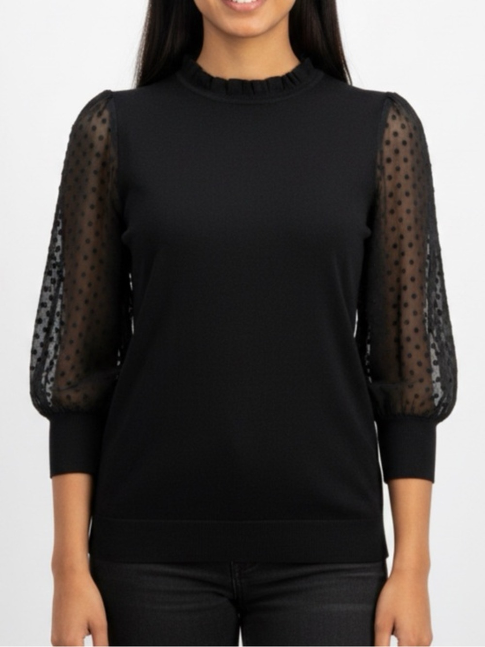 Adrianna Papell | Blouse Black Top with Sheer Swiss Dot Sleeves